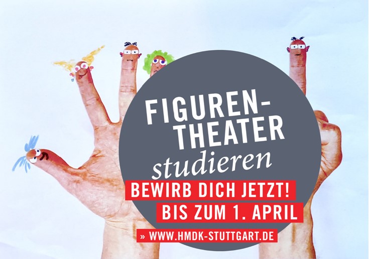 Das Bild bewirbt den Studiengang Figurentheater an der HMDK Stuttgart