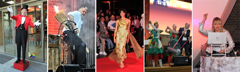 Fotocollage mit Der wunderbare Herr Mai, Toni Bartl, Hannah W., CLOWNESS Theater, Dena Davies. (Quelle: ZAV-Künstlervermittlung) Fotocollage mit Der wunderbare Herr Mai, Toni Bartl, Hannah W., CLOWNESS Theater, Dena Davies.